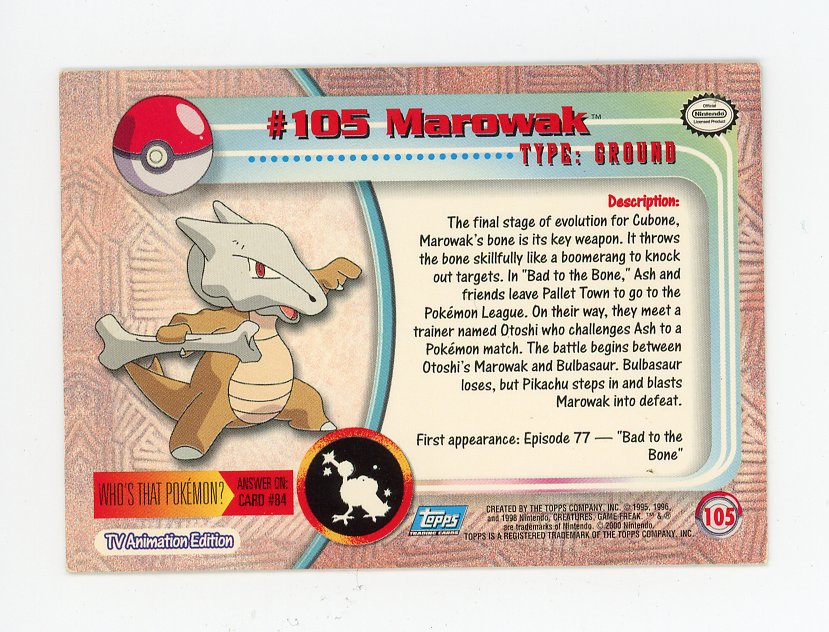 2000 Marowak #105 Non Holo Pokemon Topps TV Animation
