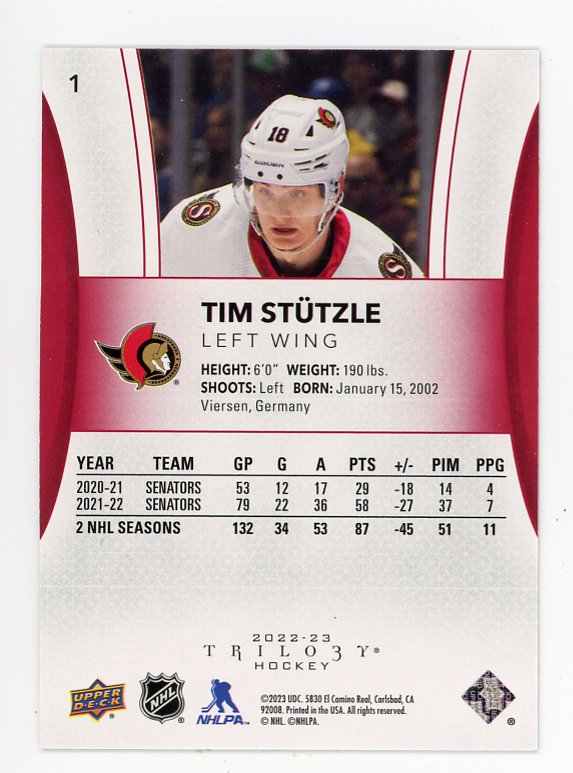 2022-2023 Tim Stutzle #D /499 Trilogy Ottawa Senators # 1