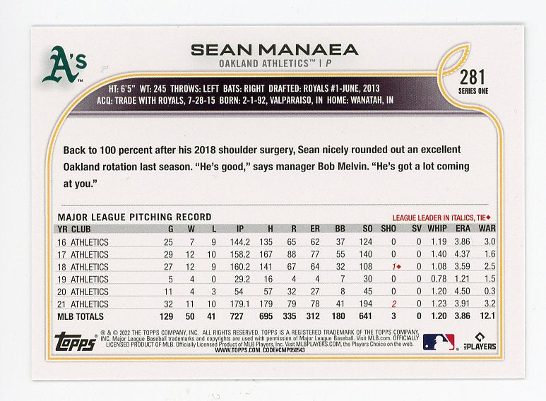 2022 Sean Manaea Refractor Topps Oakland Athletics # 281