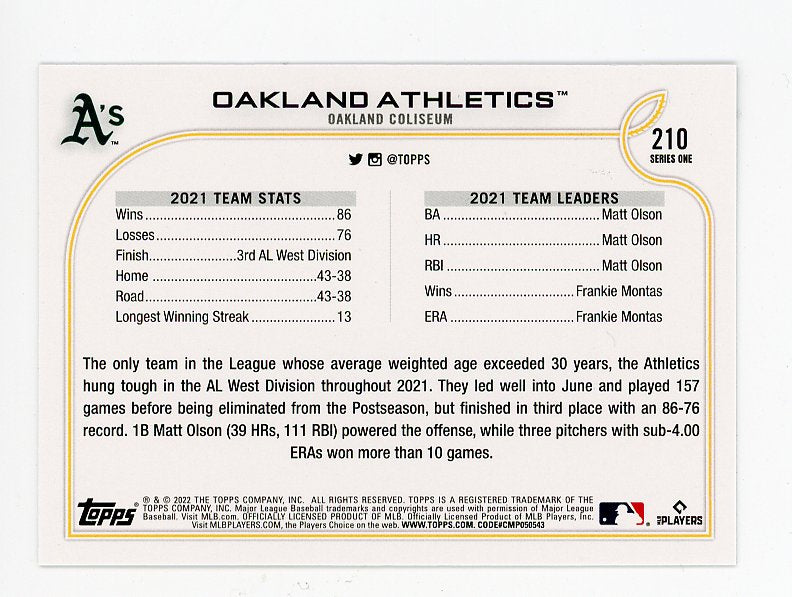 2022 Oakland Athletics American League Refractor Topps Oakland Athletics # 210
