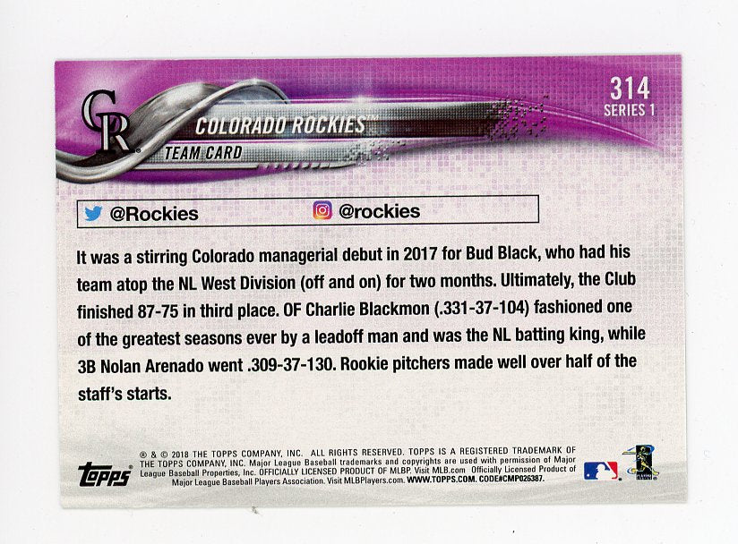 2018 Colorado Rockies Team Card Topps # 314