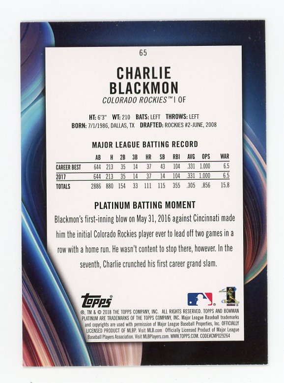 2018 Charlie Blackmon Bowman Platinum Colorado Rockies # 65