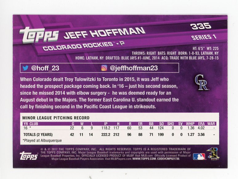 2017 Jeff Hoffman Rookie Topps Colorado Rockies # 335