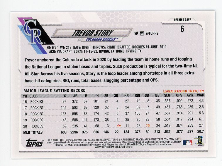 2021 Trevor Story Blue Refractor Opening Day Topps Colorado Rockies # 6