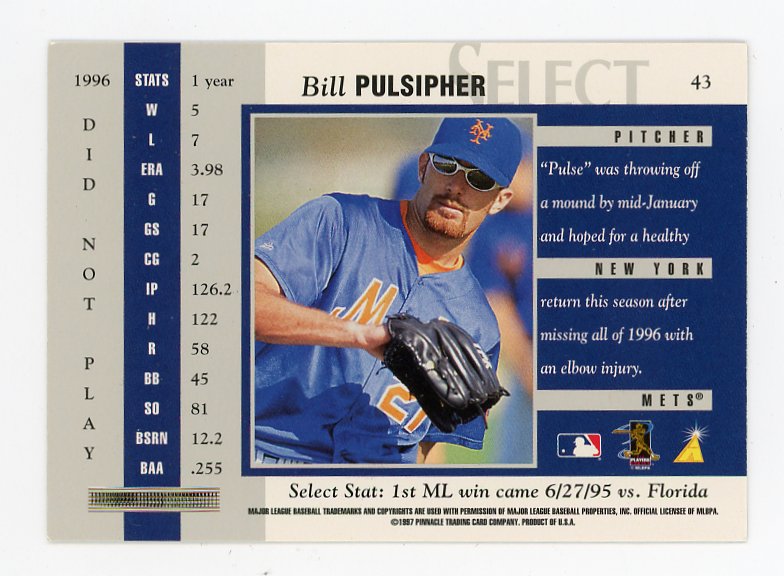 1997 Bill Pulsipher Registered Gold Select New York Mets # 43