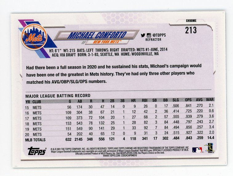 2021 Michael Conforto Refractor Topps Chrome New York Mets # 213