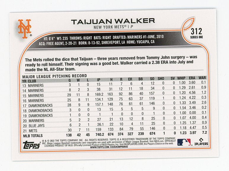 2022 Taijuan Walker Refractor Topps New York Mets # 312
