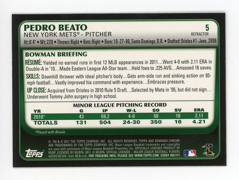 2011 Pedro Beato Rookie Refractor Bowman Chrome New York Mets # 5