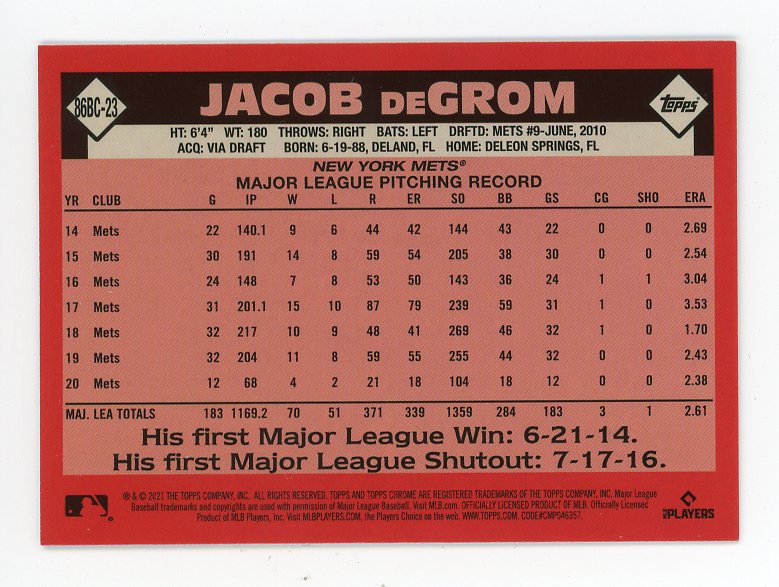2021 Jacob Degrom Refractor Topps Chrome New York Mets # 86BC-23