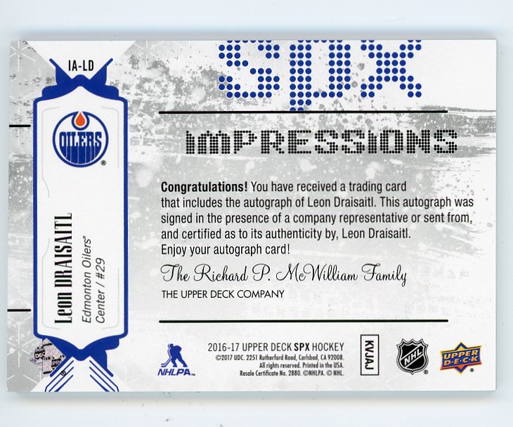 2016-2017 Leon Draisaitl Impressions Auto #D /199 SPX Edmonton Oilers # IA-LD