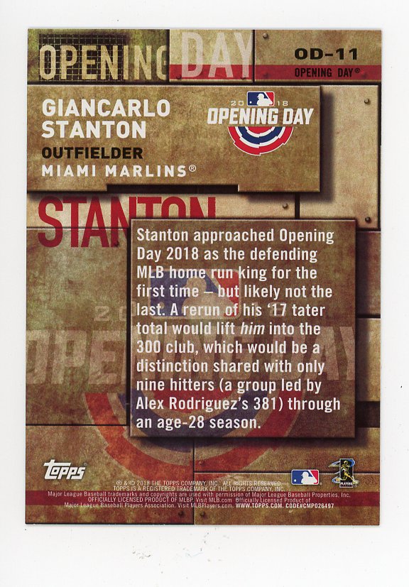 2018 Giancarlo Stanton Opening Day Topps Miami Marlins # OD-11