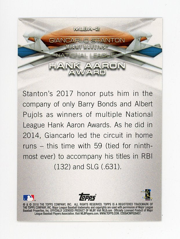2018 Giancarlo Stanton Hank Aaron Award Topps Miami Marlins # MLBA-2