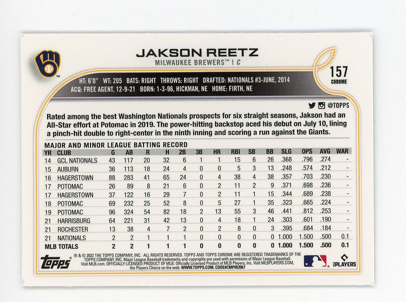 2022 Jakson Reetz Rookie Topps Chrome Milwaukee Brewers # 157