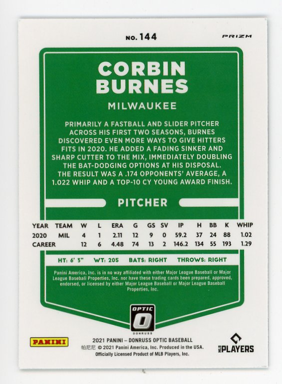 2021 Corbin Burnes Refractor Donruss Optic Milwaukee Brewers # 144