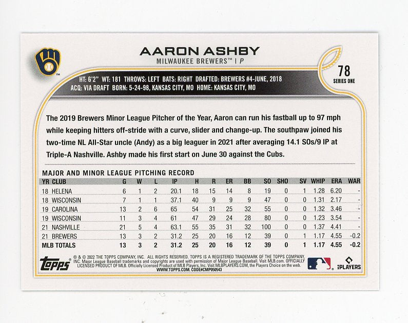 2022 Aaron Ashby Rookie Blue Topps Milwaukee Brewers # 78
