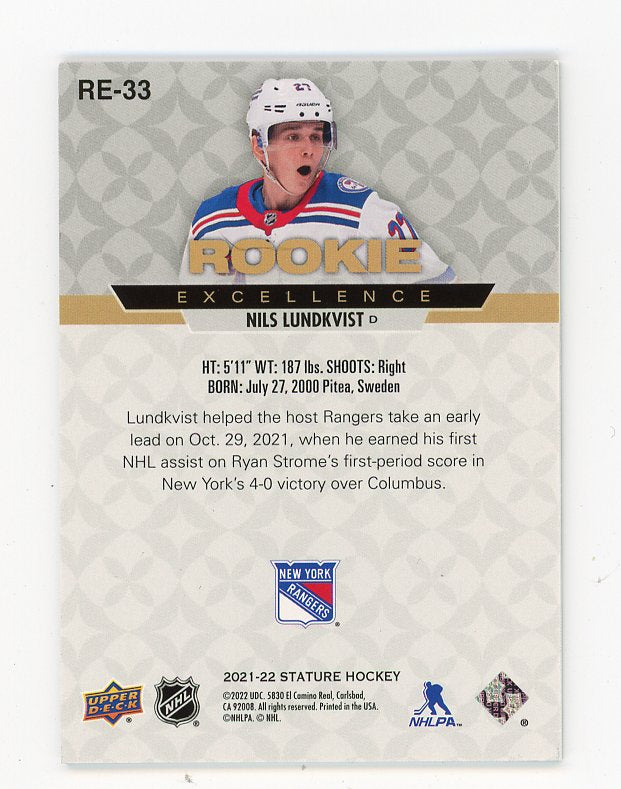 2021-2022 Nils Lundkvist Rookie Excellence Stature New York Rangers # RE-33