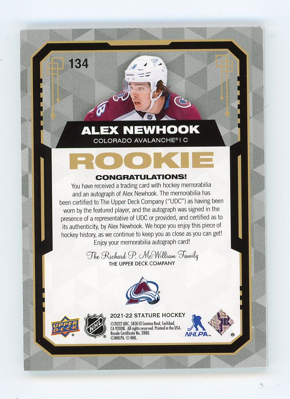 2021-2022 Alex Newhook Rookie Auto #D /15 Stature Colorado Avalanche # 134