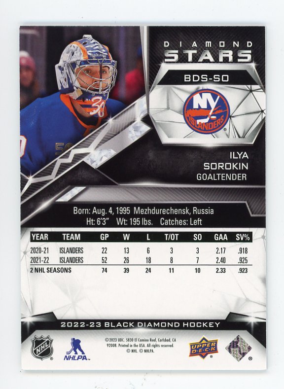 2022-2023 Ilya Sorokin Diamond Stars #D /49 Black Diamond New York Islanders # BDS-SO