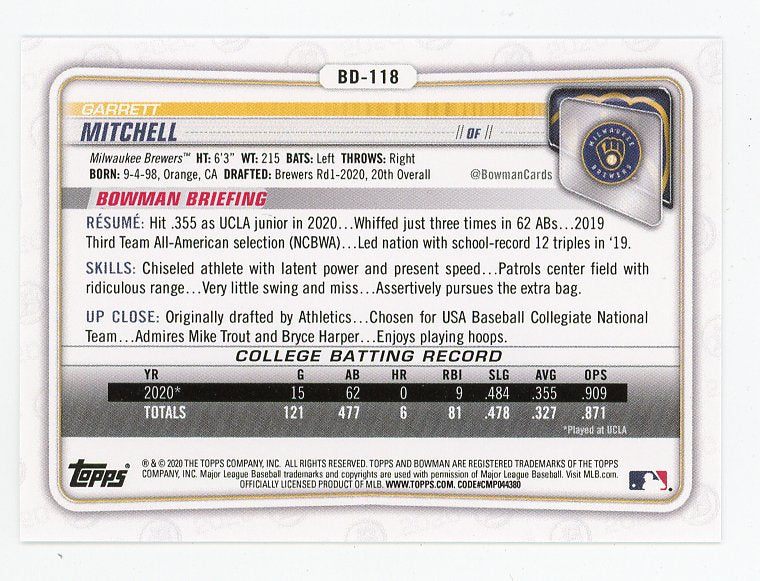 2020 Garrett Mitchell 1st Edition Prospects Bowman 1st Milwaukee Brewers # BD-118