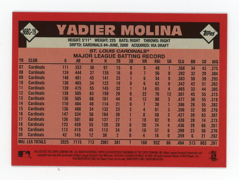 2021 Yadier Molina Silver Pack 35th Anniversary Topps St.Louis Cardinals # 86BC-19