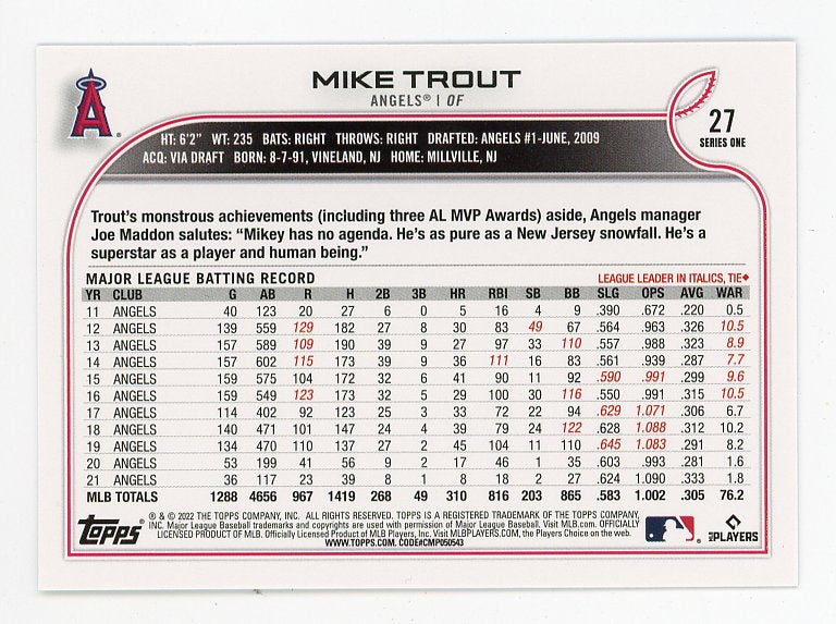 2022 Mike Trout Refractor Topps Los Angeles Angels # 27