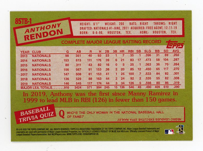 2020 Anthony Rendon 35th Anniversary Topps Los Angeles Angels # 85TB-1