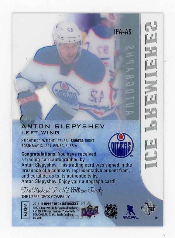 2015-2016 Anton Slepyshev Ice Premiers #D /499 ICE Edmonton Oilers # IPA-AS