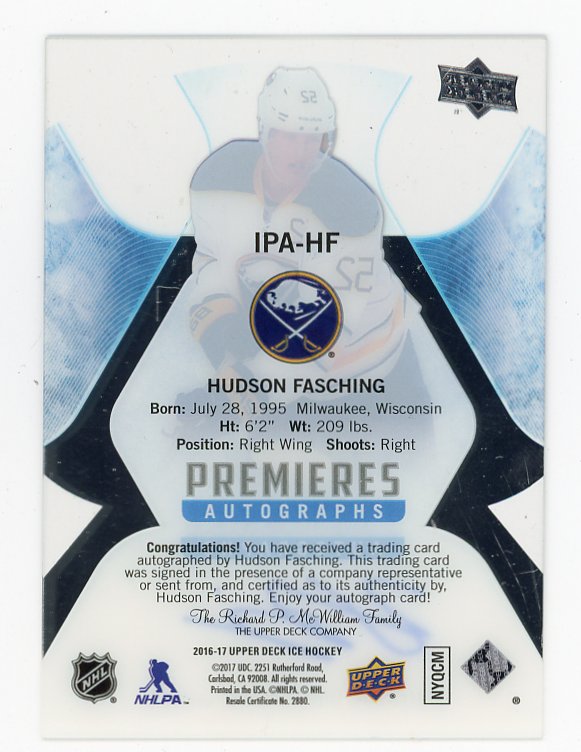 2016-2017 Hudson Fasching Premieres Autographs #D /299 ICE Buffalo Sabres # IPA-HF