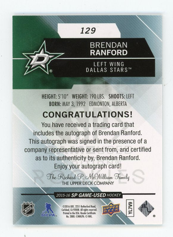 2015-2016 Brendan Ranford Authentic Rookies SP Game Used Dallas Stars # 129