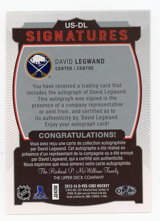 2015-2016 David Legwand Update Signatures O-Pee-Chee Buffalo Sabres # US-DL