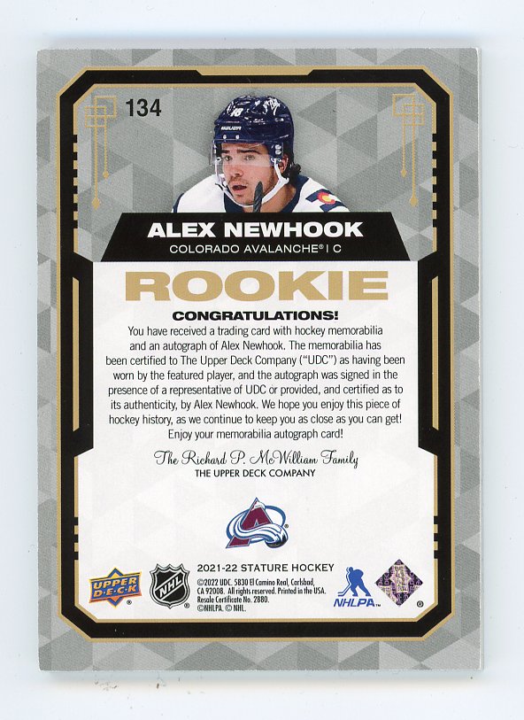 2021-2022 Alex Newhook Rookie Auto #D /8 Stature Colorado Avalanche # 134