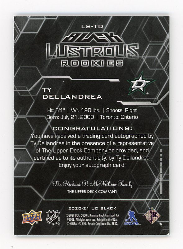 2020-2021 Ty Dellandrea Lustrous Rookies #D /199 UD Black Dallas Stars # LS-TD