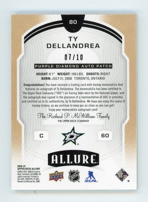 2020-2021 Ty Dellandrea Purple Diamond Auto Rookie #D /10 Allure Dallas Stars # 80