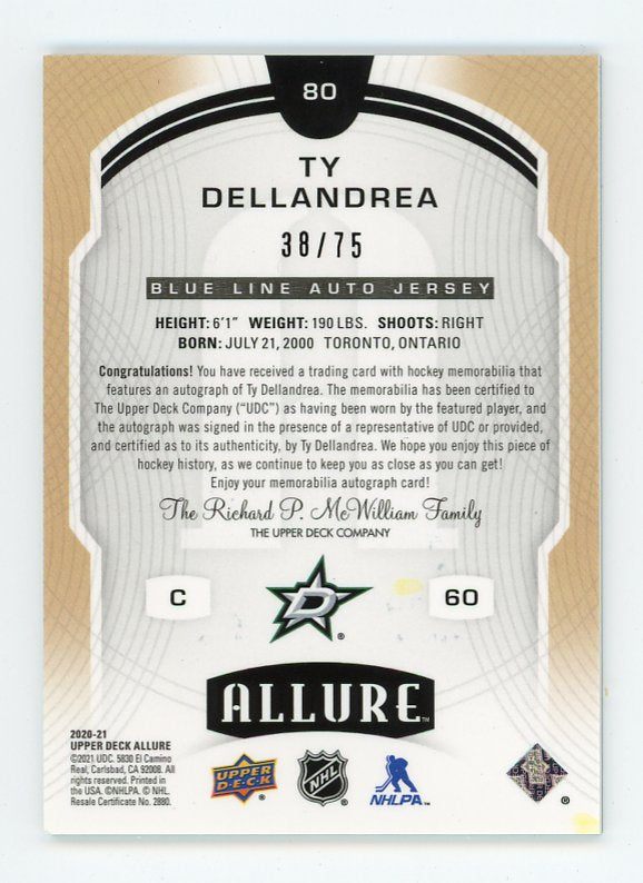 2020-2021 Ty Dellandrea Blue Line Auto Jersey Rookie #D /75 Allure Dallas Stars # 80