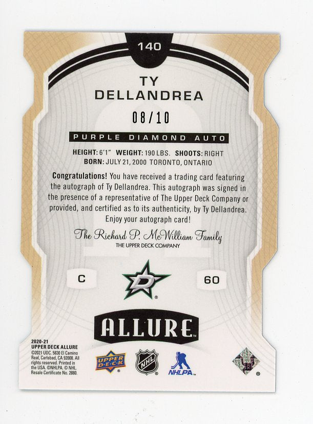 2020-2021 Ty Dellandrea Purple Diamond Auto #D /10 Rookie Allure Dallas Stars # 140