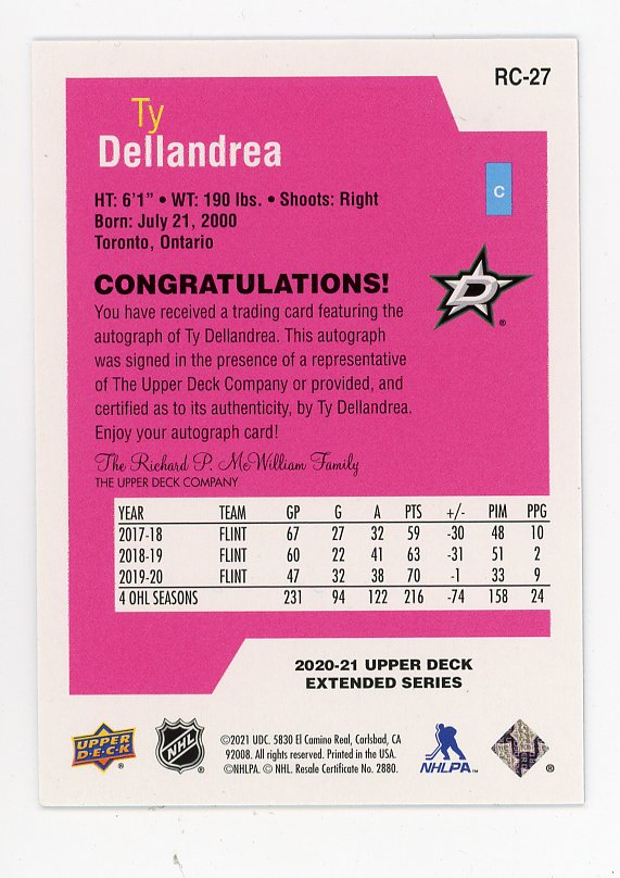2020-2021 Ty Dellandrea Rookie Class Auto Upper Deck Dallas Stars # RC-27