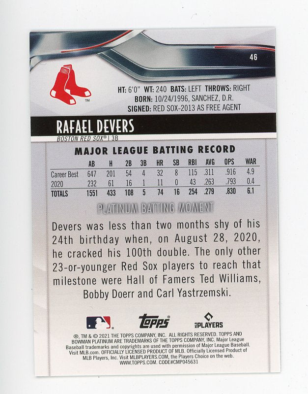 2021 Rafael Devers Cracked Ice Refractor Bowman Platinum Boston Red Sox # 46