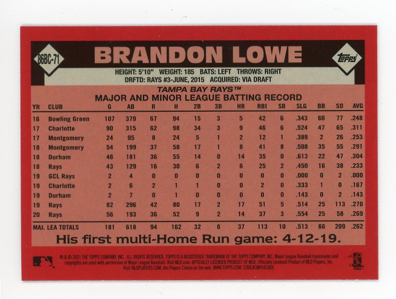 2021 Brandon Lowe Mojo Refractor Topps Chrome Tampa Bay Rays # 86BC-71
