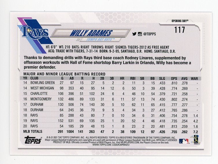 2021 Willy Adames Blue Foil Topps Chrome Tampa Bay Rays # 117