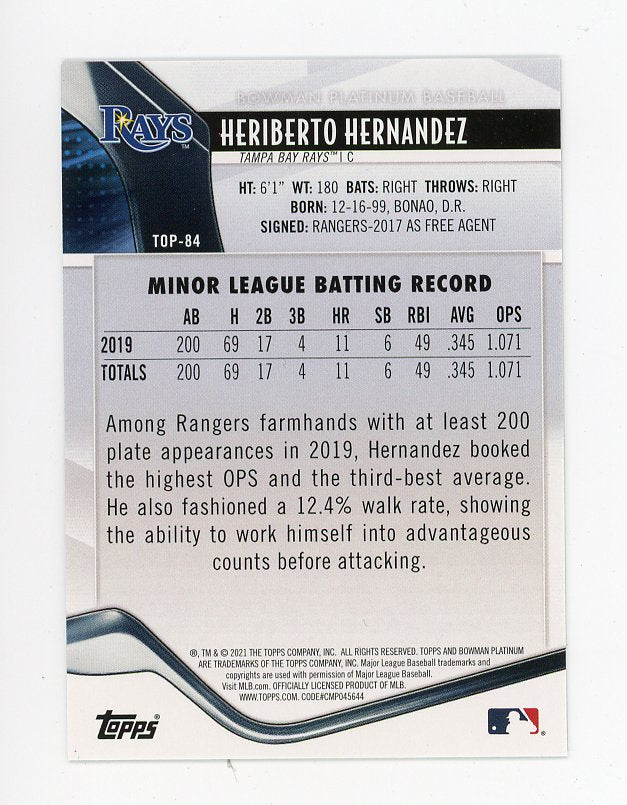 2021 Heriberto Hernandez Cracked Ice Bowman Platinum Tampa Bay Rays # TOP-84
