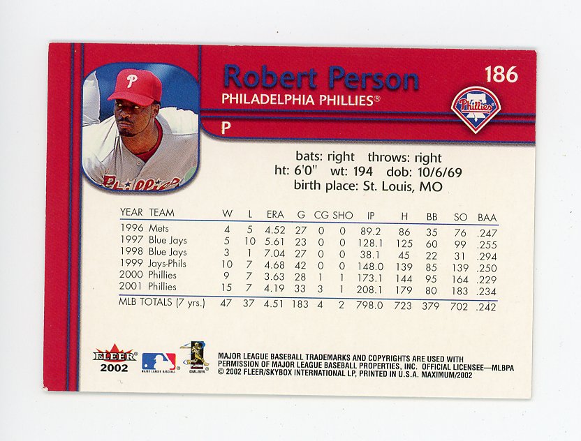2002 Robert Person #D /183 Fleer Maximum Philadelphia Phillies # 186