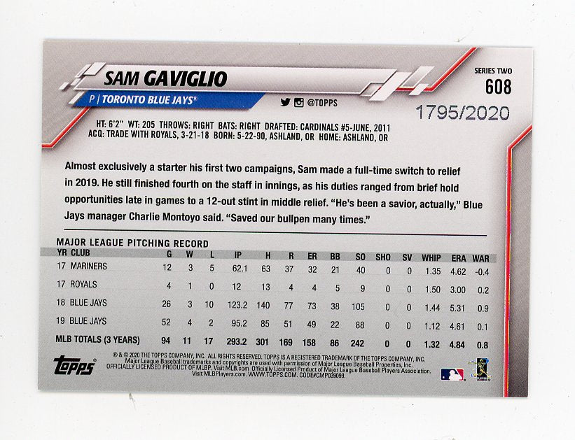 2020 Sam Gaviglio #D /2020 Topps Toronto Blue Jays # 608