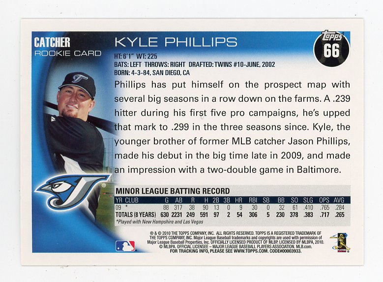 2010 Kyle Phillips Rookie Topps Toronto Blue Jays # 66