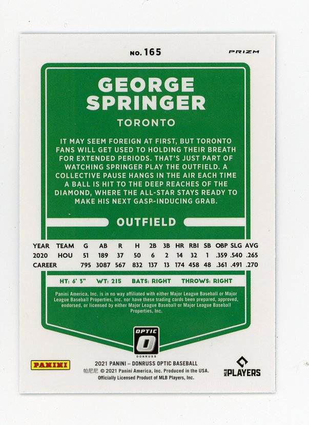2021 George Springer Refractor Donruss Optic Toronto Blue Jays # 165
