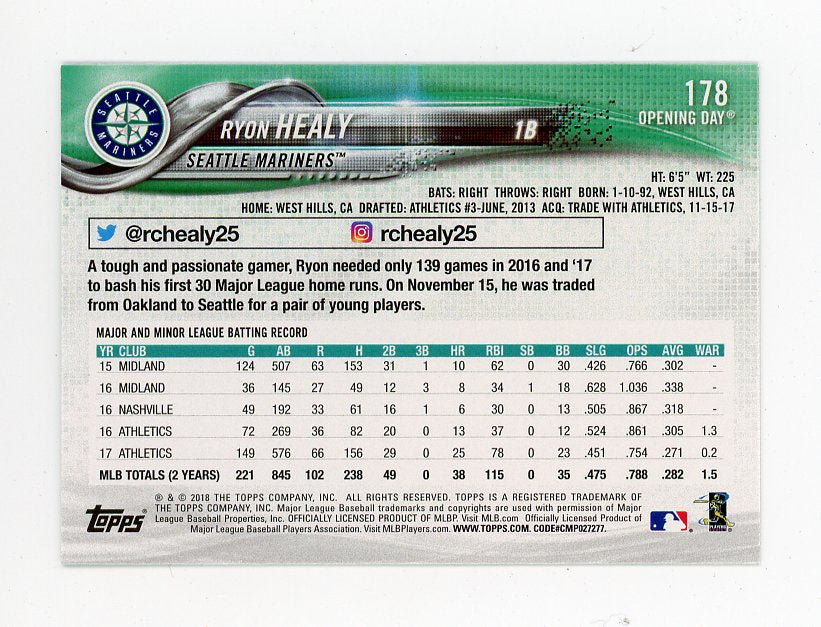 2018 Ryon Healy Opening Day Blue Topps Seattle Mariners # 178