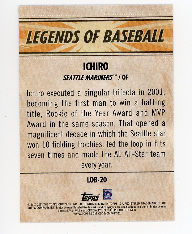2021 Ichiro Suzuki Legends Of Baseball Topps Seattle Mariners # LOB-20