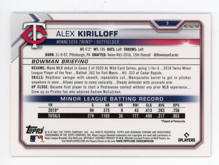 2021 Alex Kirilloff Rookie Refractor #D /499 Bowman Chrome Minnesota Twins # 3