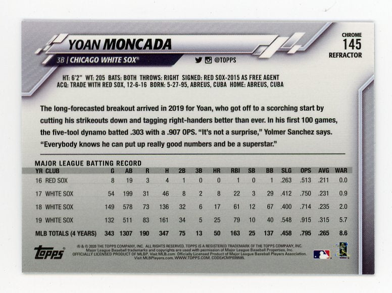 2020 Yoan Moncada Refractor Topps Chrome Chicago White Sox # 145