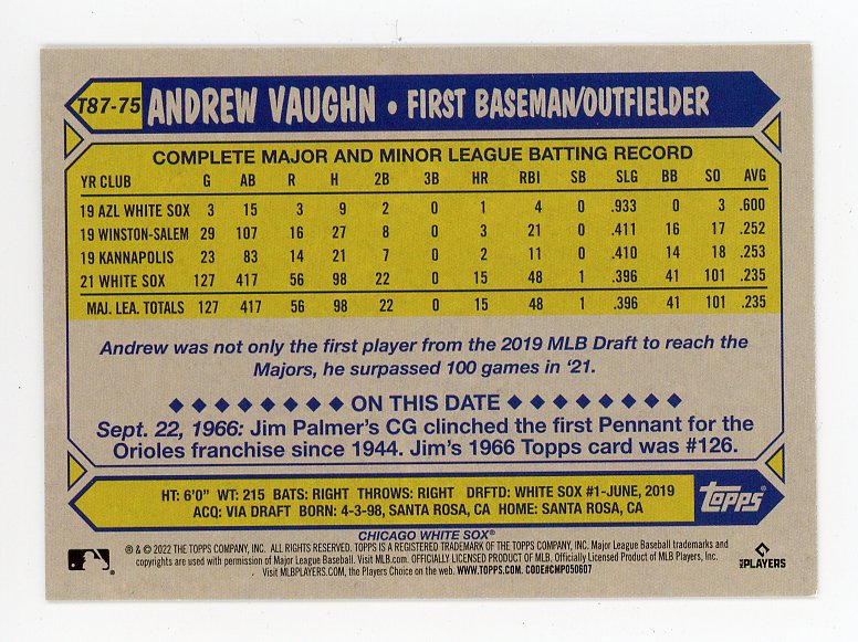2022 Andrew Vaughn Topps 35TH Chicago White Sox # T87-75