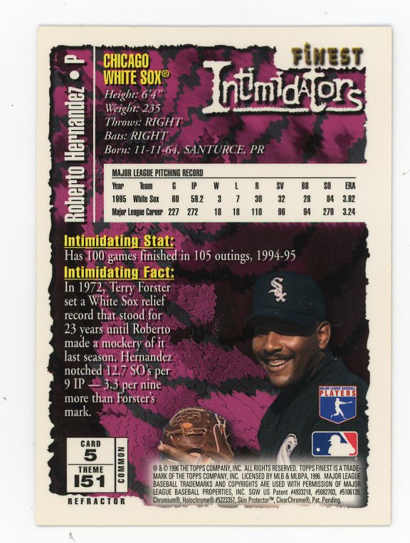 1996 Roberto Hernandez Finest Intimidators Topps Chicago White Sox # 5